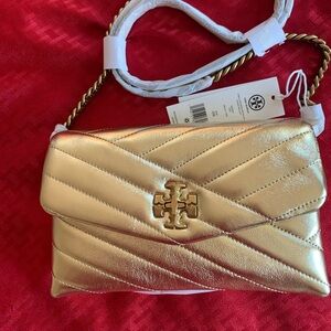 Tory Burch Kira Chevron Metallic Chain Wallet- gold